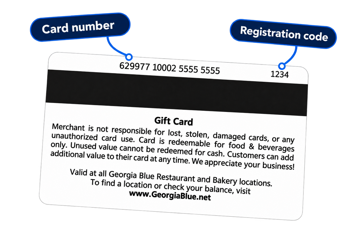 Back of a Georgia Blue gift card, with the 19-digit card number at the top center