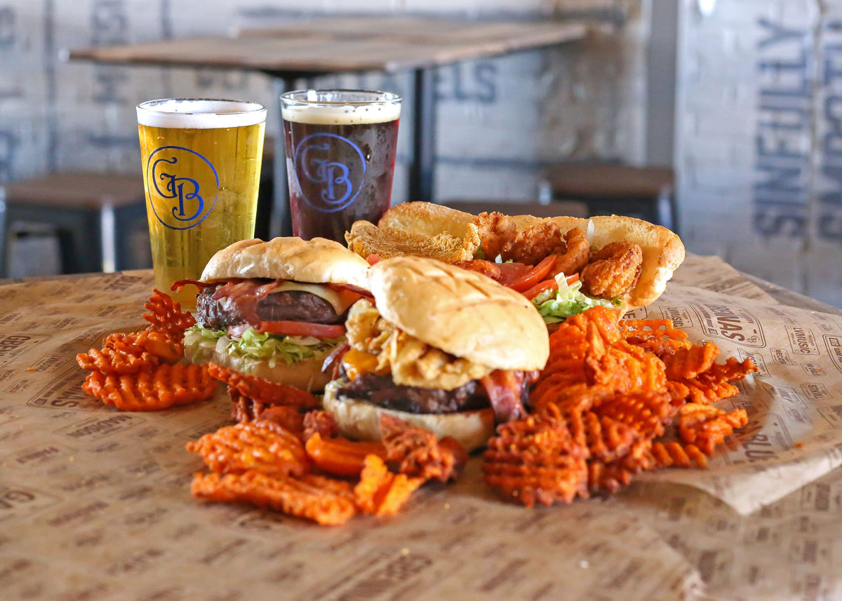 Burgers, a chicken po'boy, waffle fries and two Georgia Blue beers