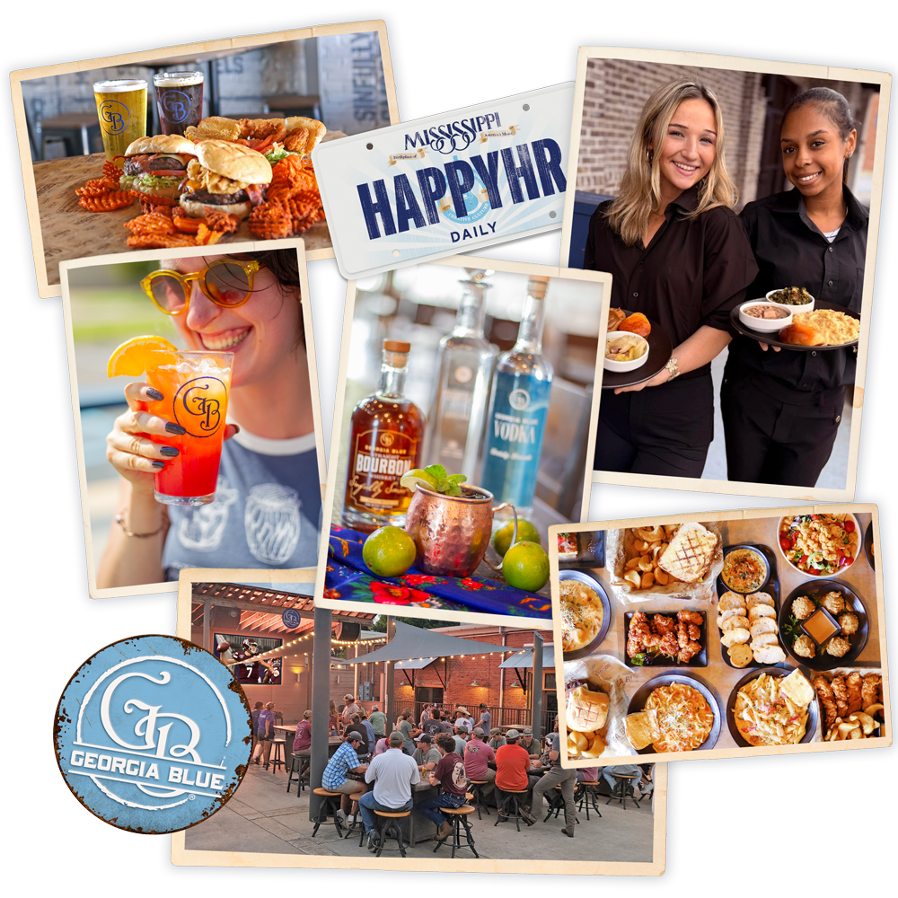 Georgia Blue collage: burgers, Happy Hour plate, servers, cocktails, spirits, patio and shared plates